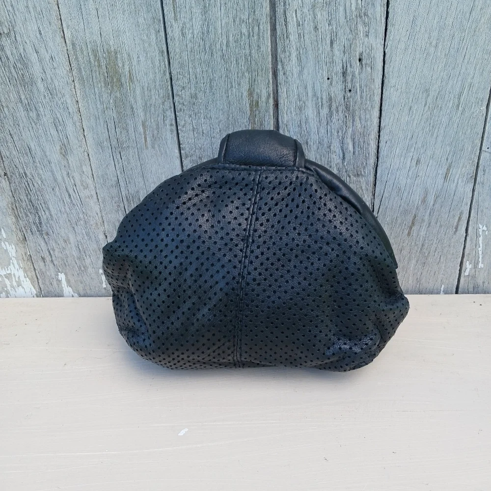 Vintage Perforated‎ Leather Black Clutch Purse Magnet Closure